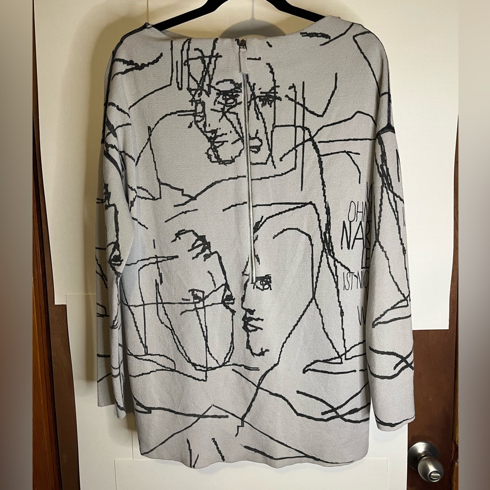 Annette Gortz Women’s Sz M Gray Abstract Faces Merino Wool Sweater Germany